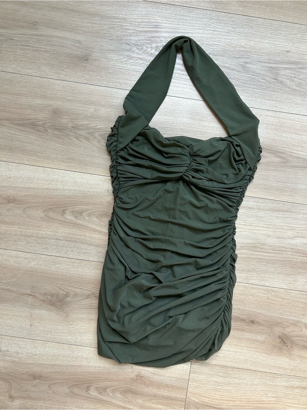 NWT Norma Kamali Olive Green Ruched Halter One-Piece Swimsuit - Picture 2 of 5